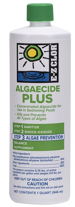 A bottle of algaecide plus is shown.