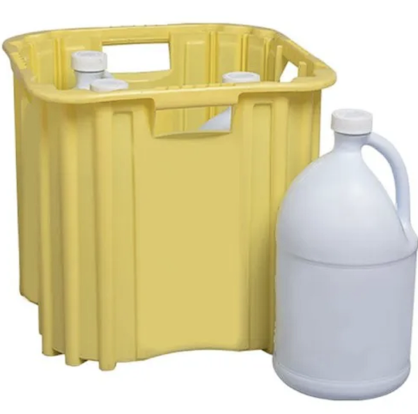 A yellow container and white jug are next to each other.